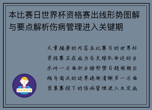 本比赛日世界杯资格赛出线形势图解与要点解析伤病管理进入关键期